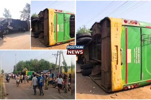 ಬೈಕ್ ಸವಾರನನ್ನು ರಕ್ಷಿಸಲು ಹೋಗಿ ಪಲ್ಟಿಯಾದ ಖಾಸಗಿ ಬಸ್ – ಪ್ರಯಾಣಿಕರಿಗೆ ಗಾಯ